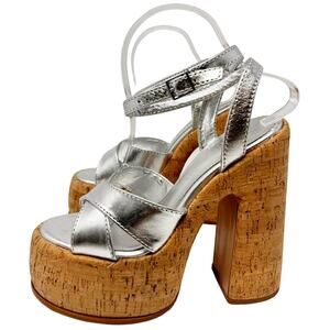 NEW Schutz Pattie Metallic Leather Platform Sandal Chunky Heel Silver US 8.5
